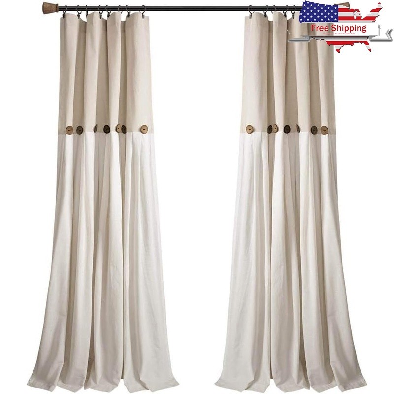 Faux Cotton Button Window Curtain Rustic Farmhouse Decor Light Filtering Panel