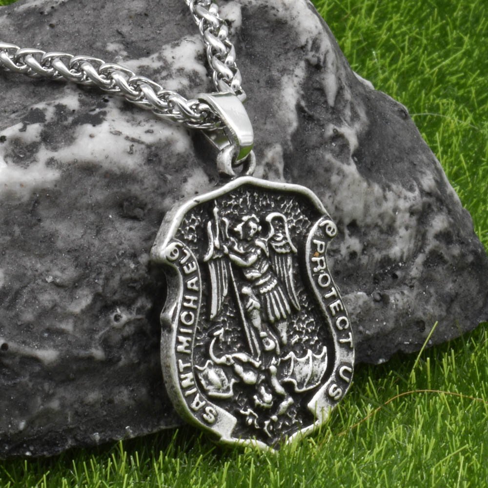 Archangel Saint St Michael Protect Us Medal Shield Pendant Necklace w 20" Chain