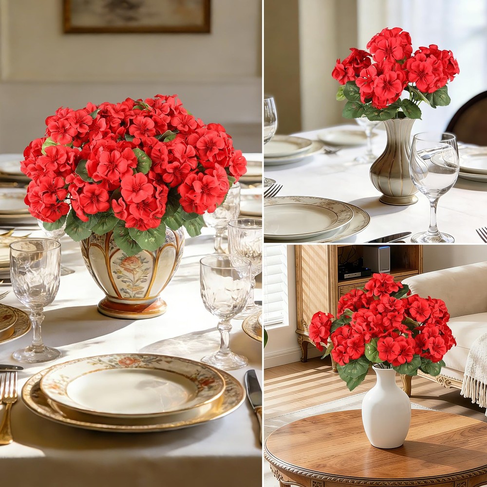 12 Bundles Red Artificial Geranium Flowers for Outdoors Spring Decor Geranium...