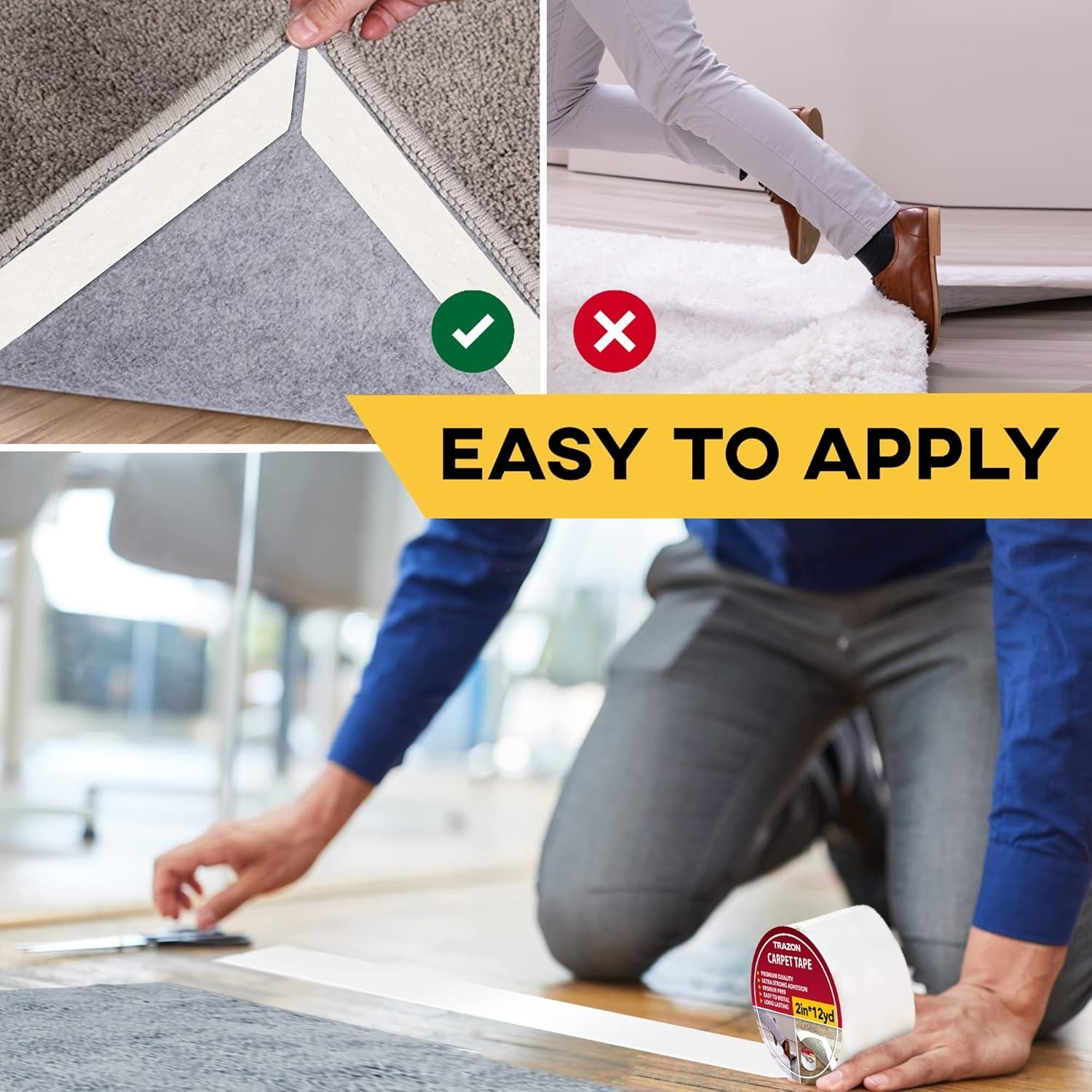 Carpet Tape Double Sided - Rug Tape Grippers for Hardwood Floors and Area Rugs