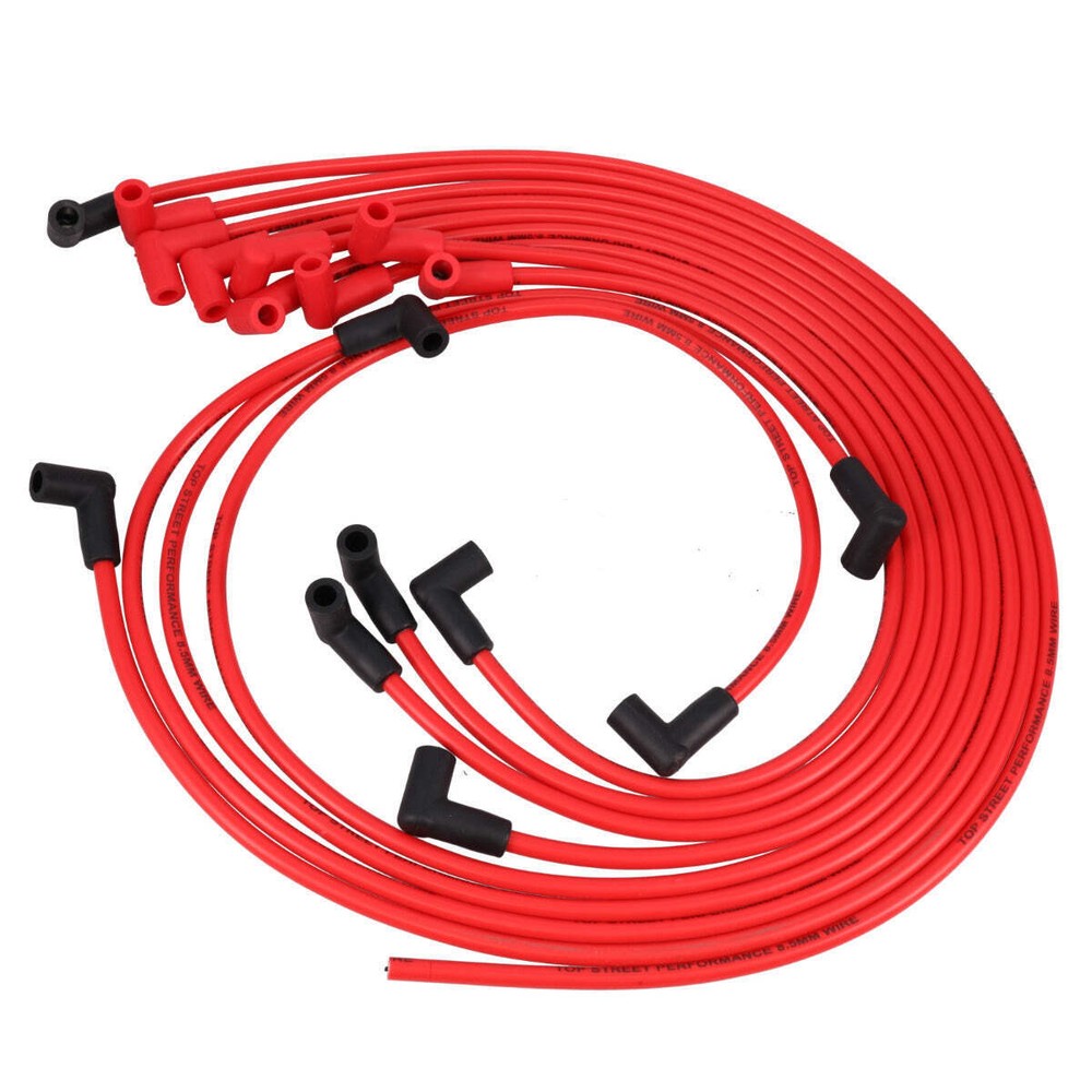 Red 8.5mm Chevy Small Block Under Header Spark Plug Wire Set w/ 90° Plug Boots
