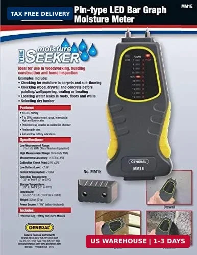 General Tools MM1E Moisture Meter, Pin Type, LED Bar Graph