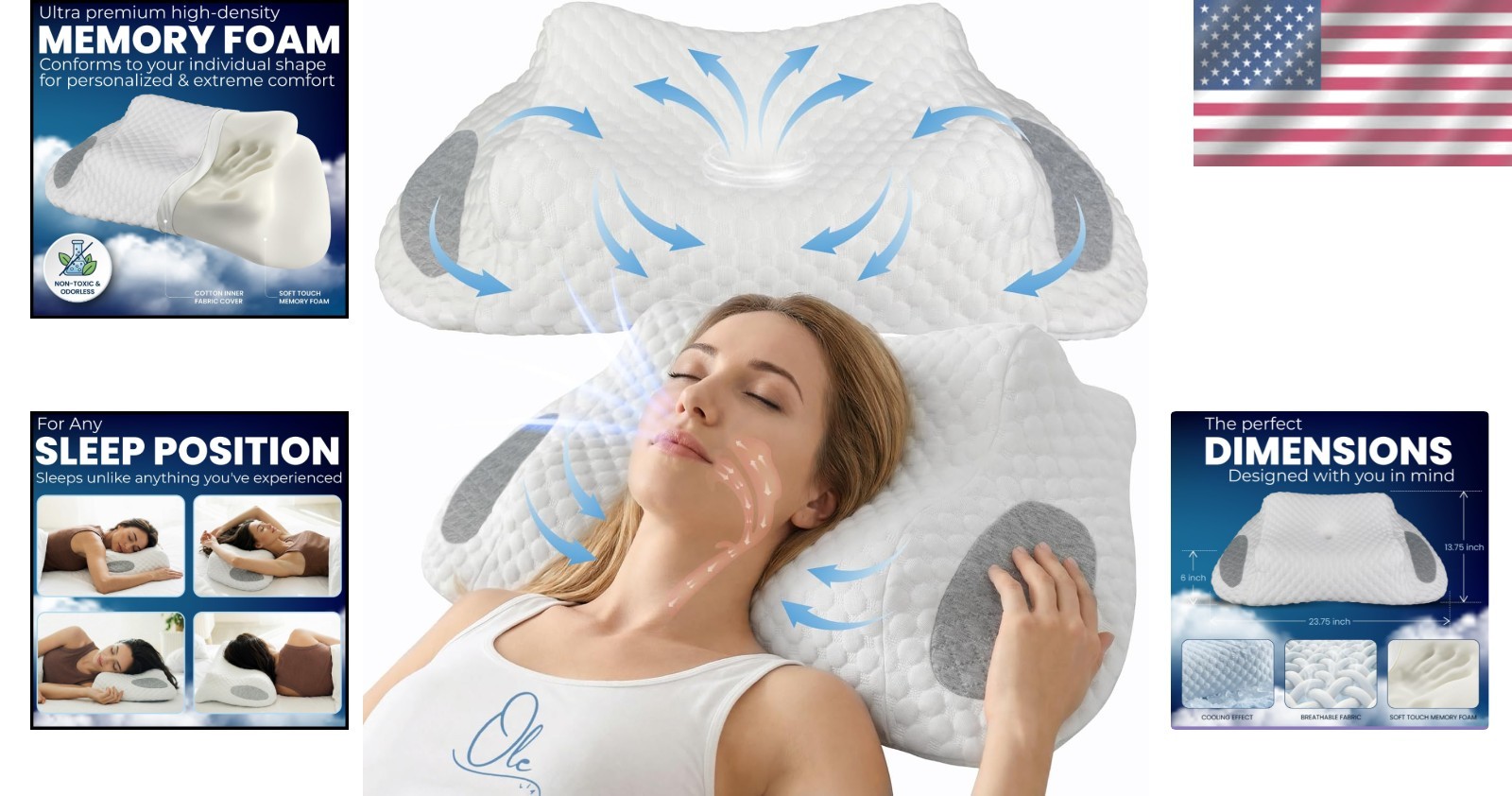 Ergo Pillow for Sleep Apnea, Neck Pain, and Snoring Relief, Standard, White Gray