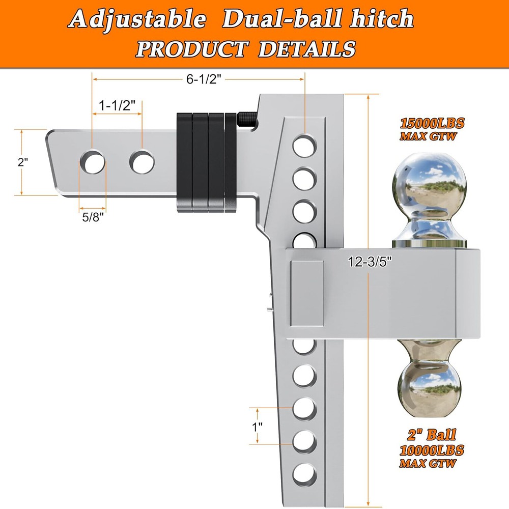 Trailer Hitch Fits 2" Receiver 10" Adjustable Drop Hitch,15000LBS Solid Ball