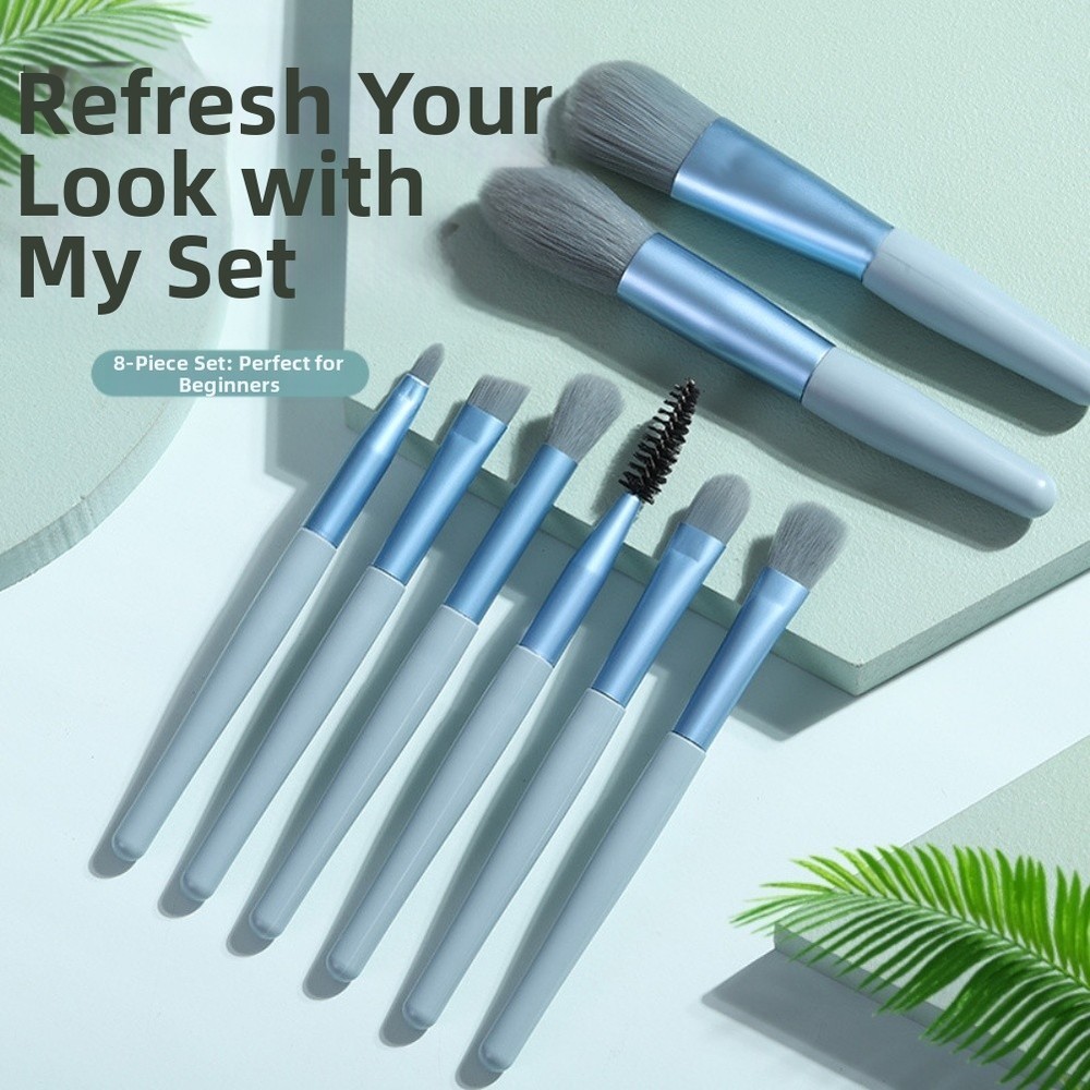 Compact 8 Piece Makeup Brush Set for Eyeshadow Concealer and Blush Application