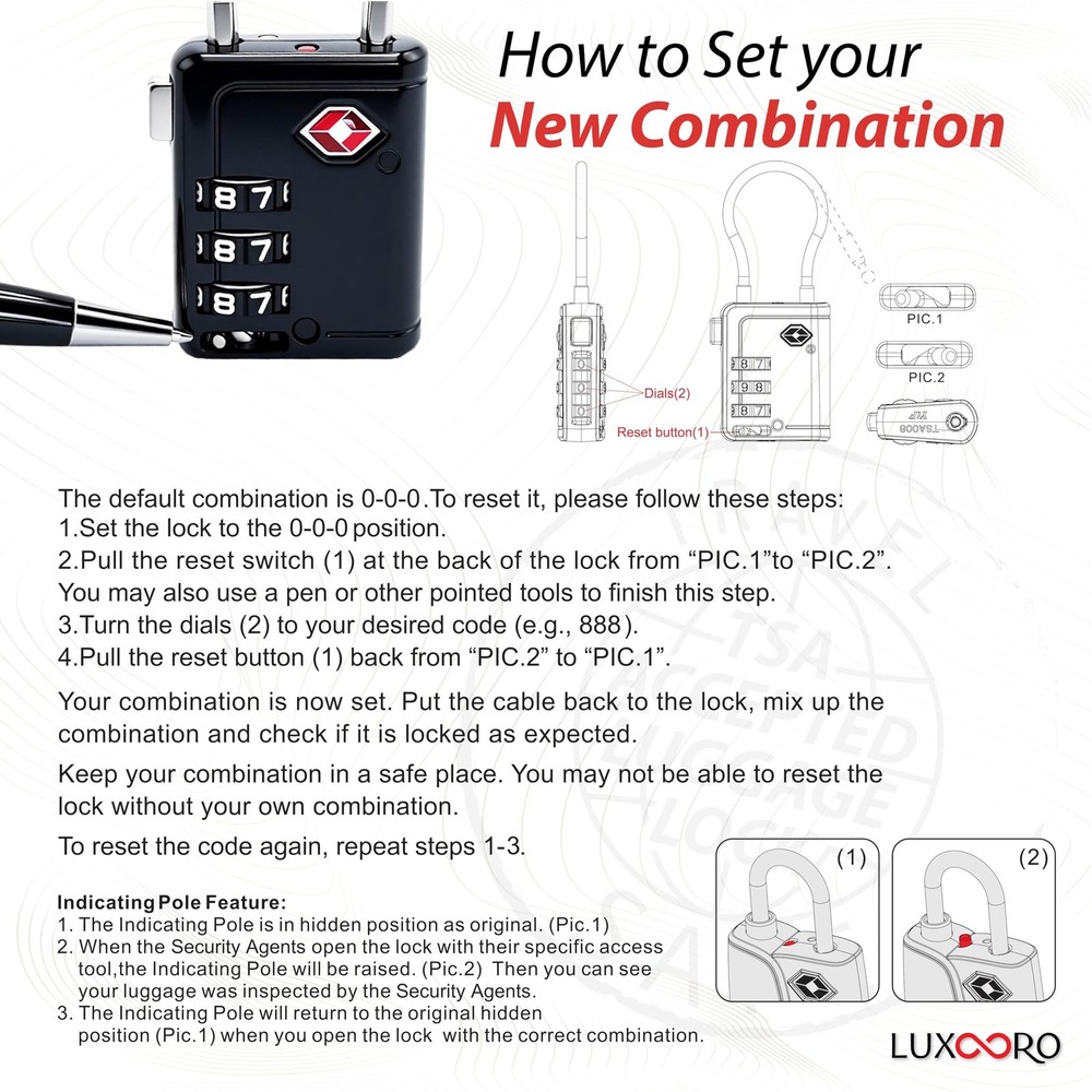 TSA Approved Luggage Lock with Alert Indicator, 3-Digit Resettable Combinatio...