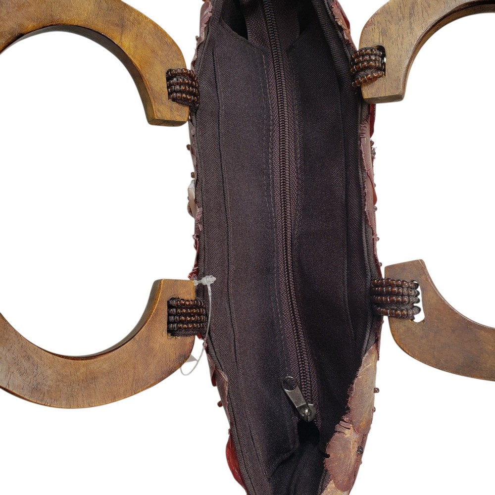 New With Tags Coconut Shell Large Rectangular Purse Handmade Wooden Handles Zip