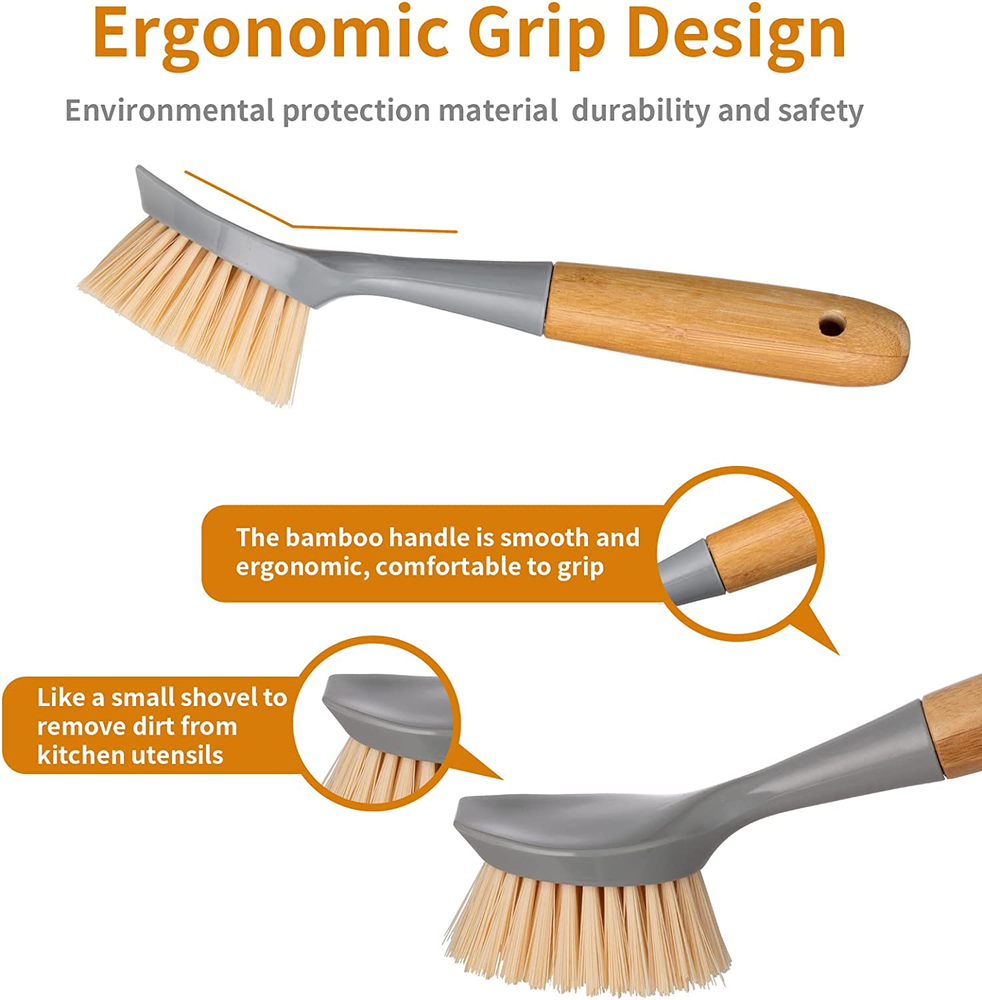 2 Pack Kitchen Dish Scrubber Bamboo Handle Brush Built-in Scraper Scrub Scraper