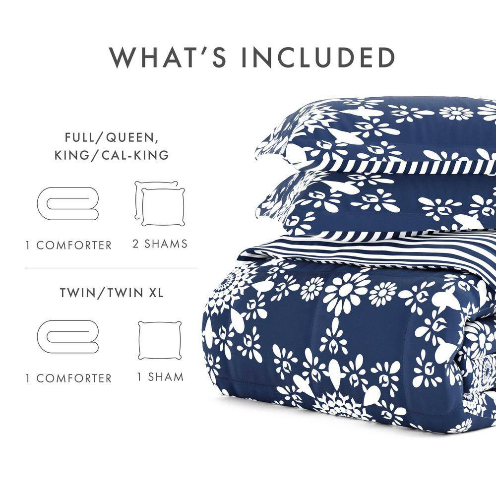 3-Piece Navy Daisy Medallion Pattern Reversible Microfiber Full / Queen Down-Alt