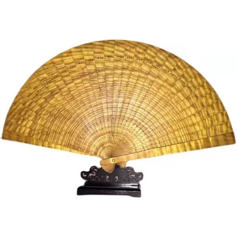 Golden Nanmu Fan Chinese Style Handmade Mini Su Fan Tassel Decor Portable