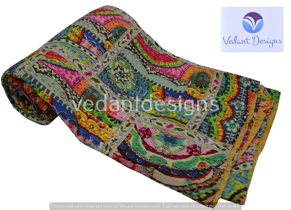 Reversible Patchwork Kantha Quilt Multicolor Single Blanket Bohemian Bed Runner