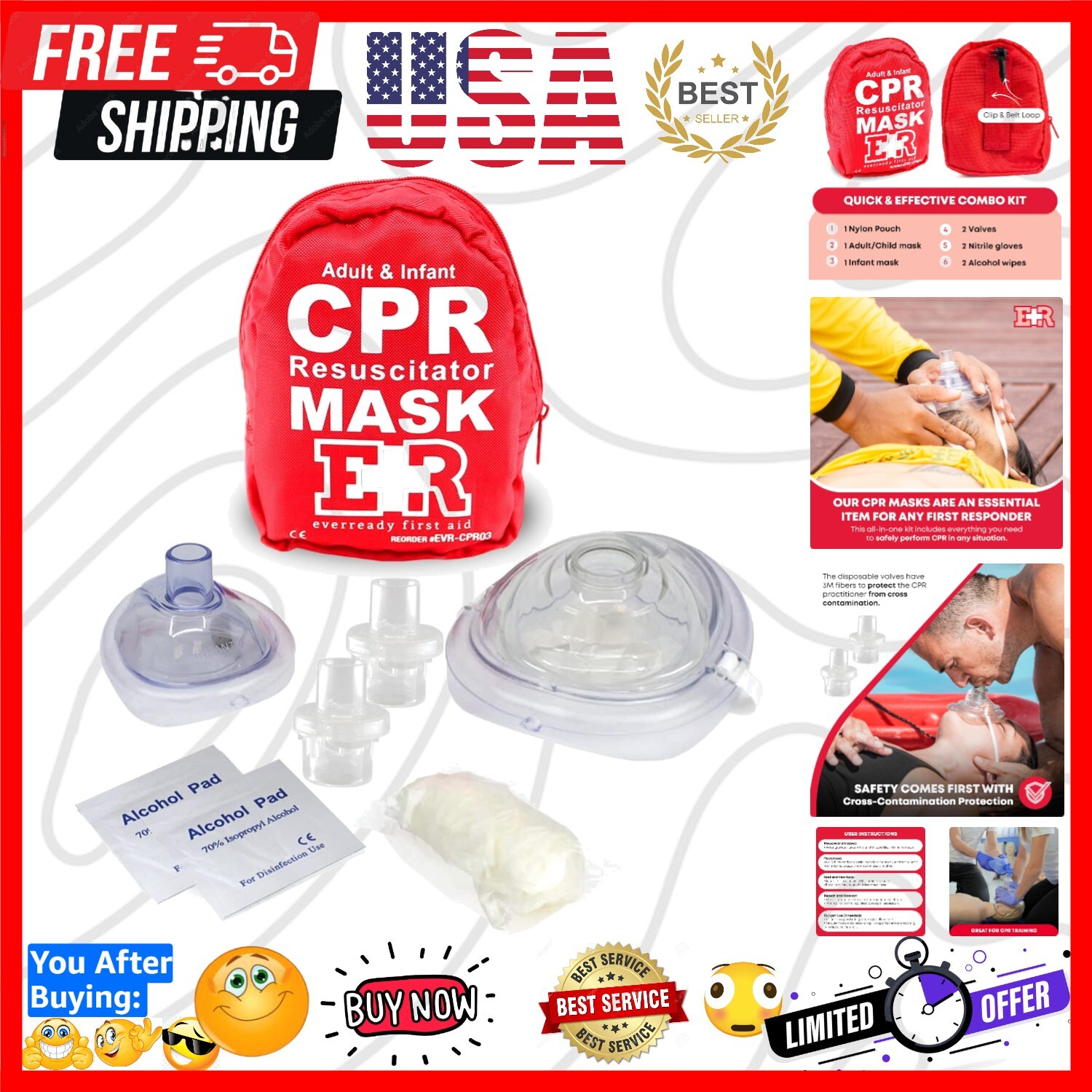Disposable CPR Mask Combo for Adults & Infants with Gloves - Emergency Ready