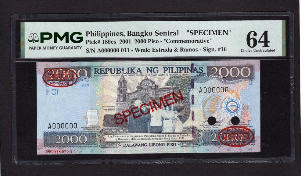 Philippines 2000 Pesos 2001 P189cs Commemorative Specimen Uncirculated Grade 64