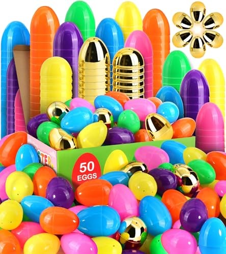 [6 Surprise Golden Eggs] Large Easter Eggs, Empty Easter Eggs 50 Pack 3 Inch