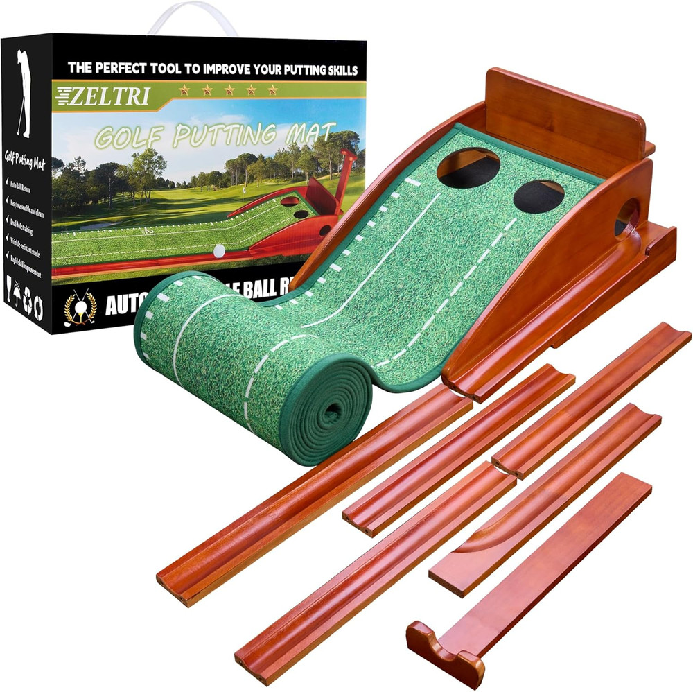 Putting Green Indoor Mat with Auto Ball Return-Portable Golf Putting Mat Solid W