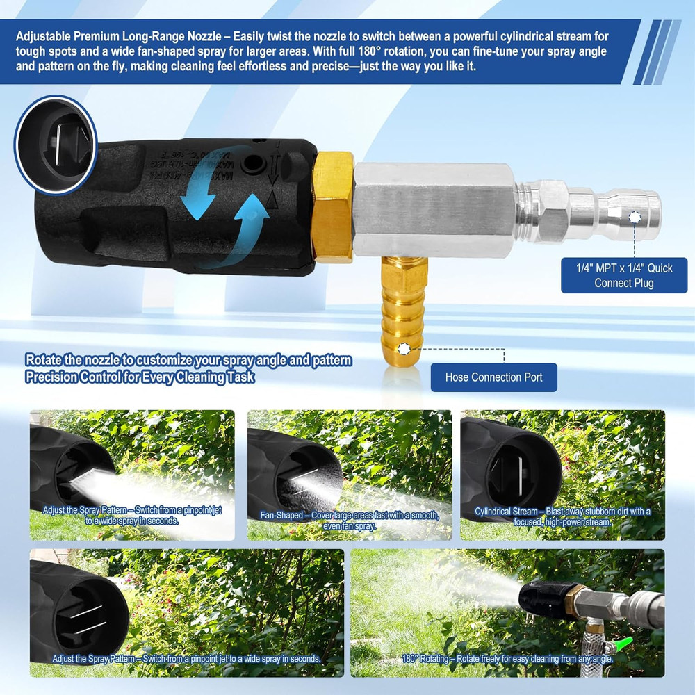 Adjustable Long Range Nozzle for Pressure Washer, Downstream Injection Spray Noz