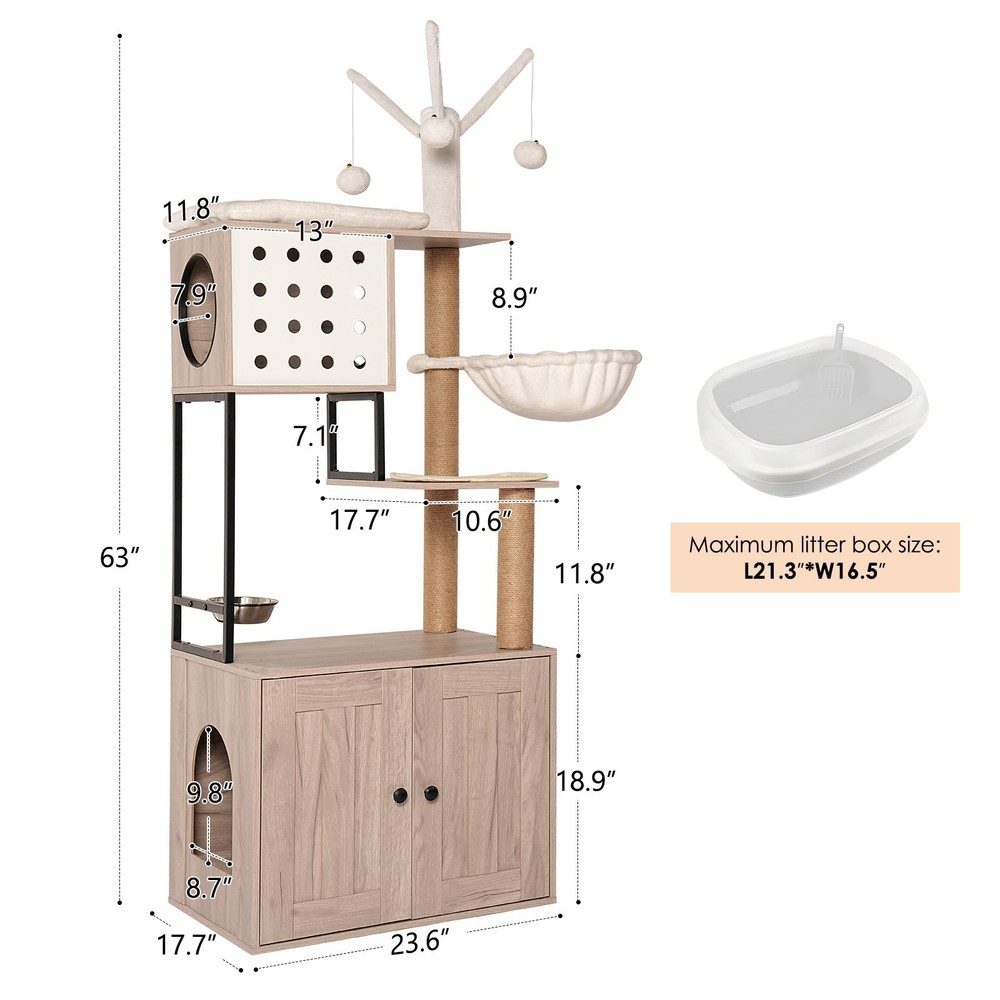 Cat Tree with Litter Box Enclosure - Modern Cat Condo with Scratching Posts