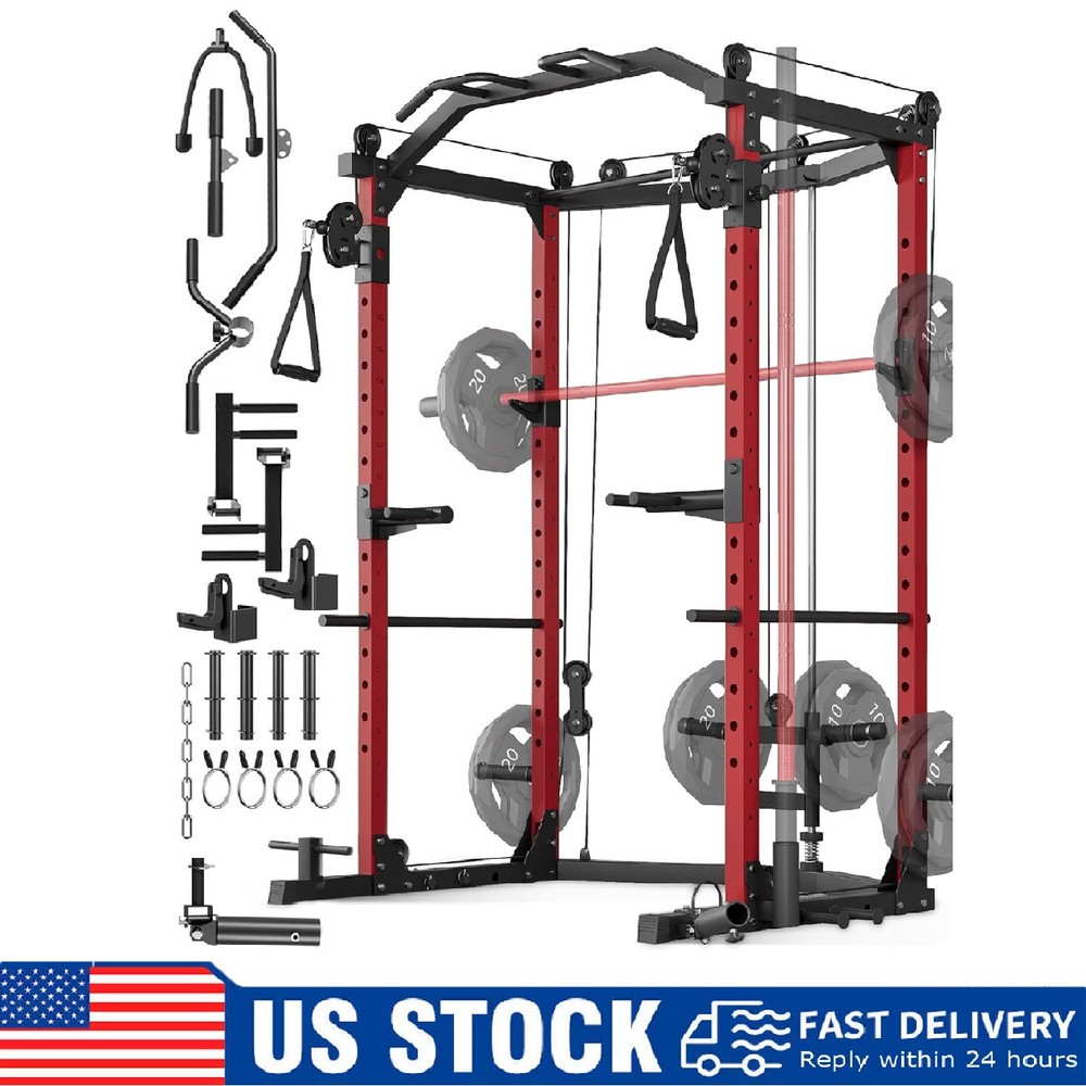 Power Cage Multi-Function Squat Rack for Home Gym w/Pulley Cable System ,Dip Bar