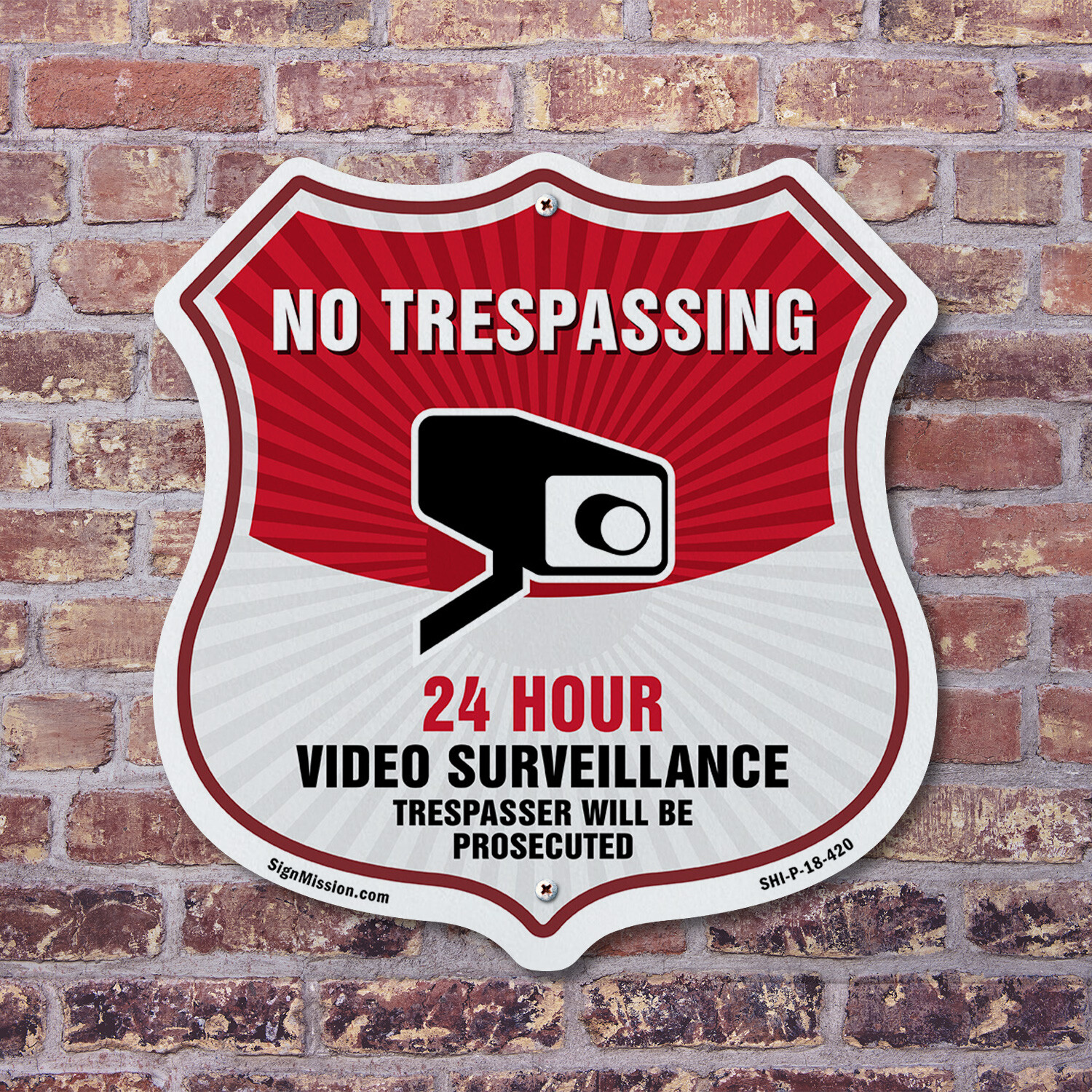 No Trespassing Shield Sign 24 Hour Video Surveillance Trespa Shield Shaped Sign