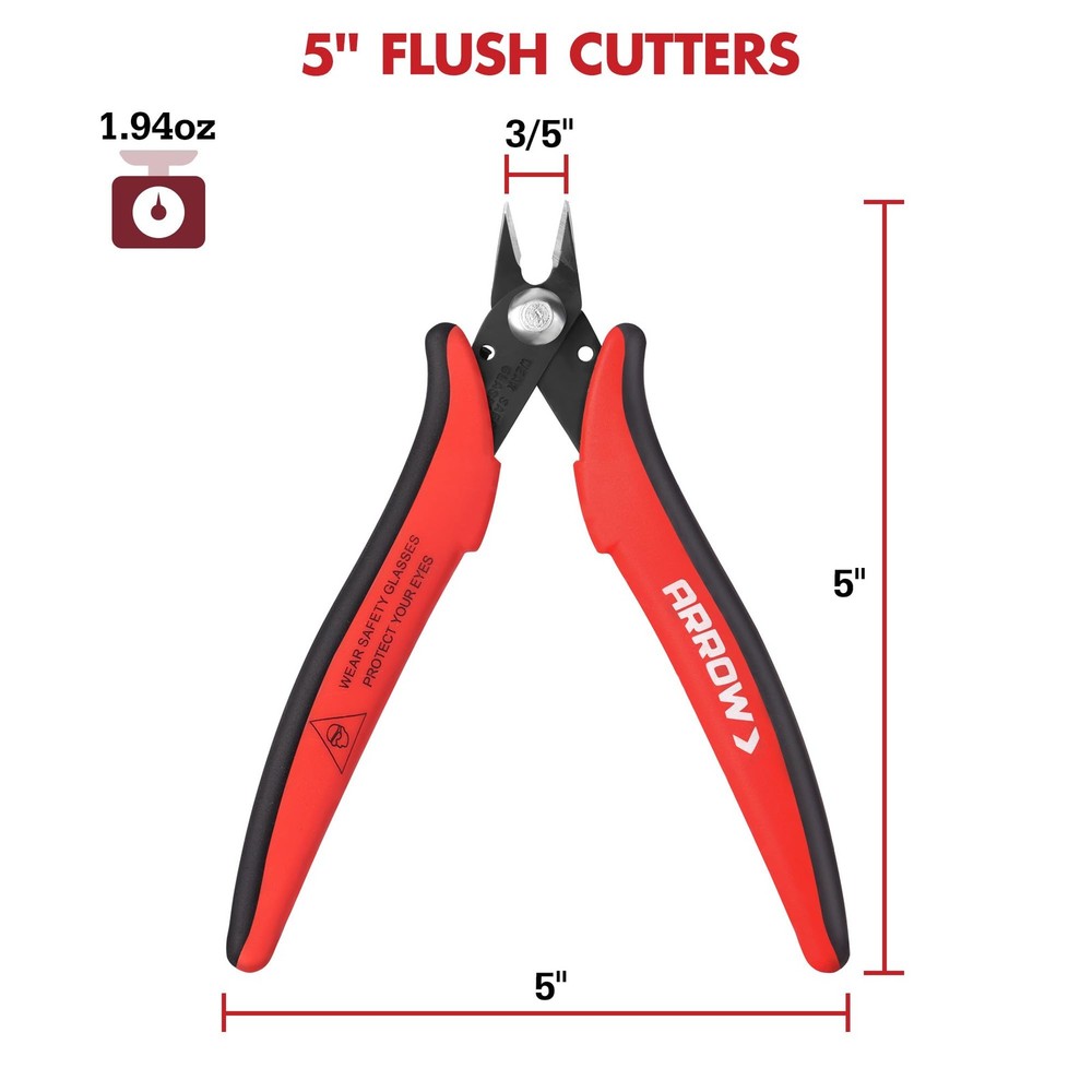 ARROW Micro Wire Cutters, 5" Precision Flush Cutters with Streamlined Red