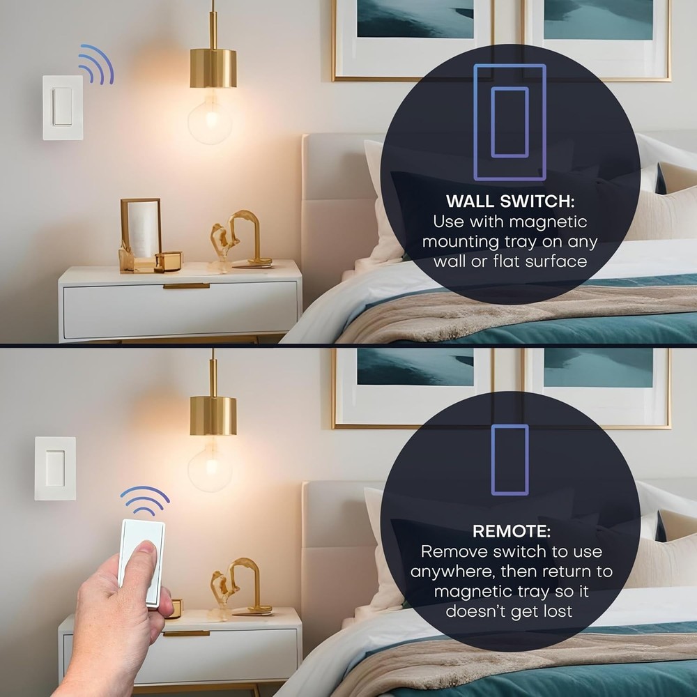 RunLessWire Single Pole Detachable Battery-Free Wireless Light Switch 150ft RF