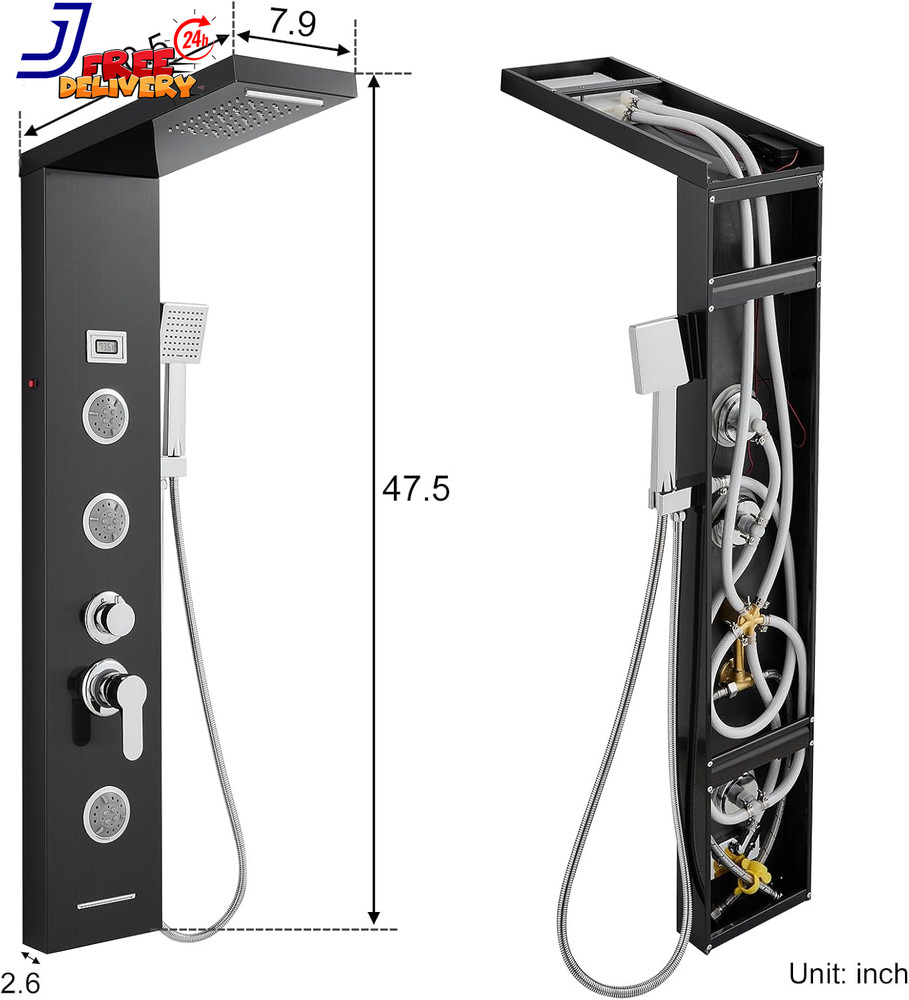 Multi-Function LED Lights Shower Panel System Black 5 in 1 Shower Panel NEW