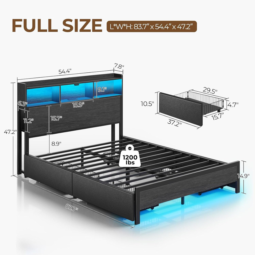Full Bed Frame with Storage 4 Drawer Platform Bed with USB Charging Built in LED