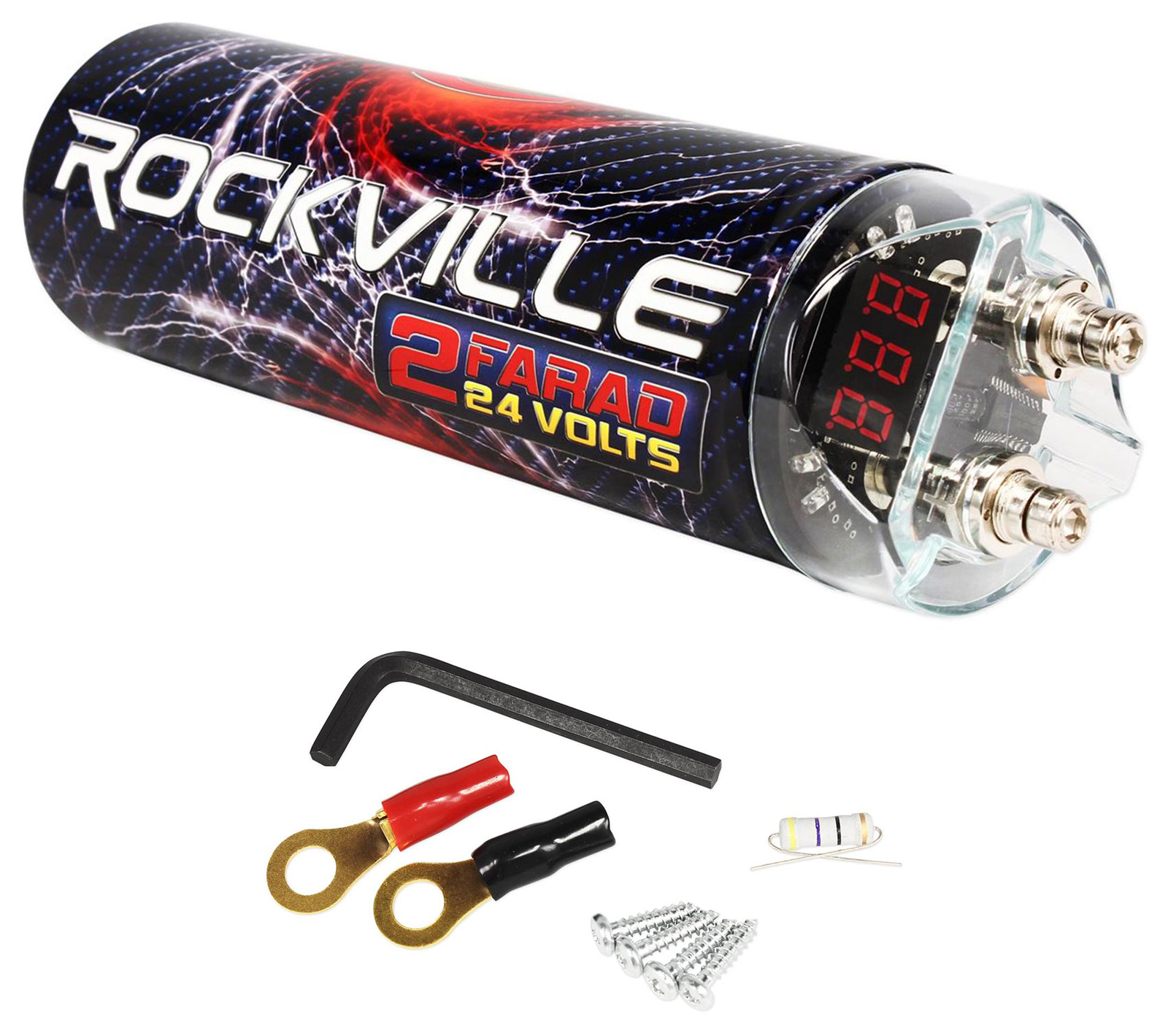 Rockville RXC2D 2 Farad Stiffening Capacitor + Rockville RWK41 4 AWG Amp Kit