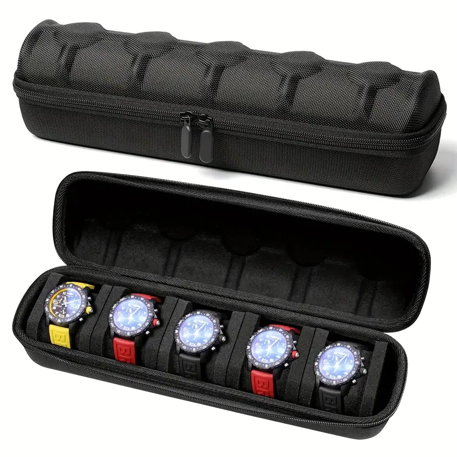5-Compartment Portable Watch box - With Handle, Flip-Top Lid, and Soft Lining