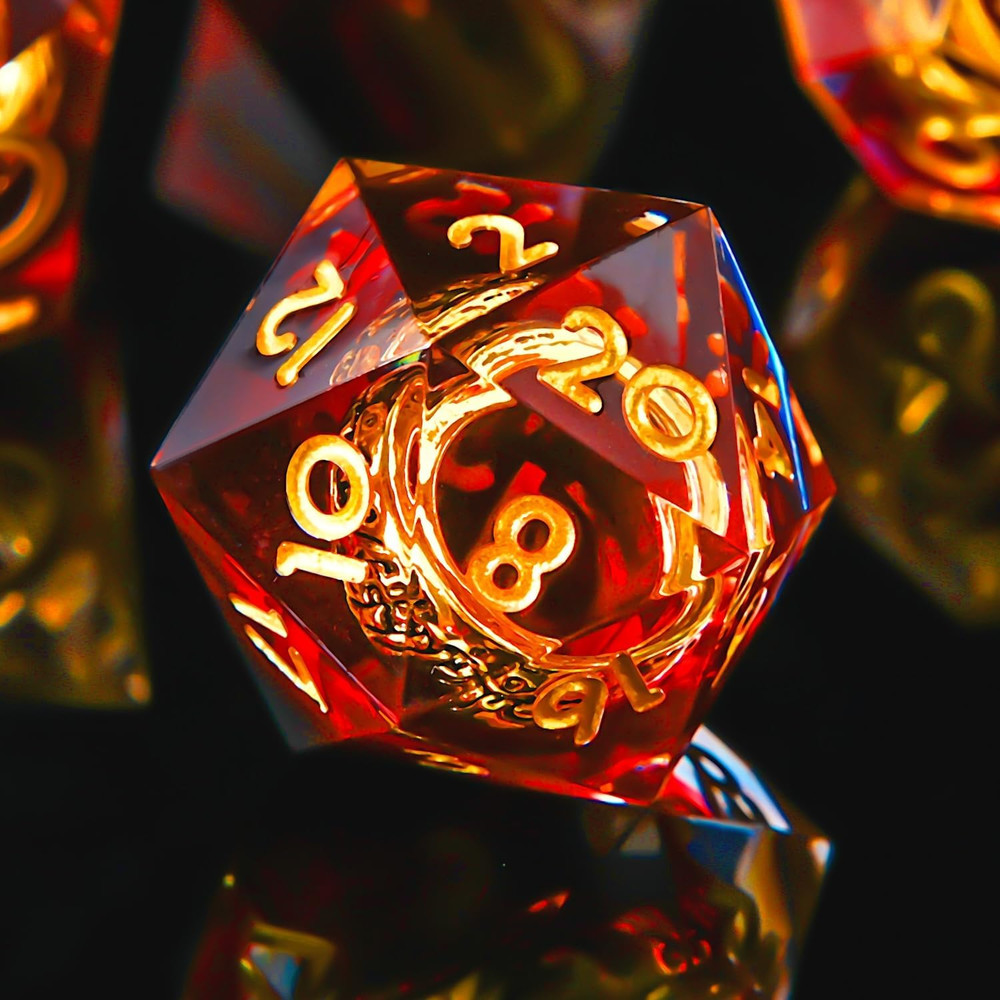 Sharp Edge Resin RPG Dice Set – Red Polyhedral Dice with Ring Inclusion
