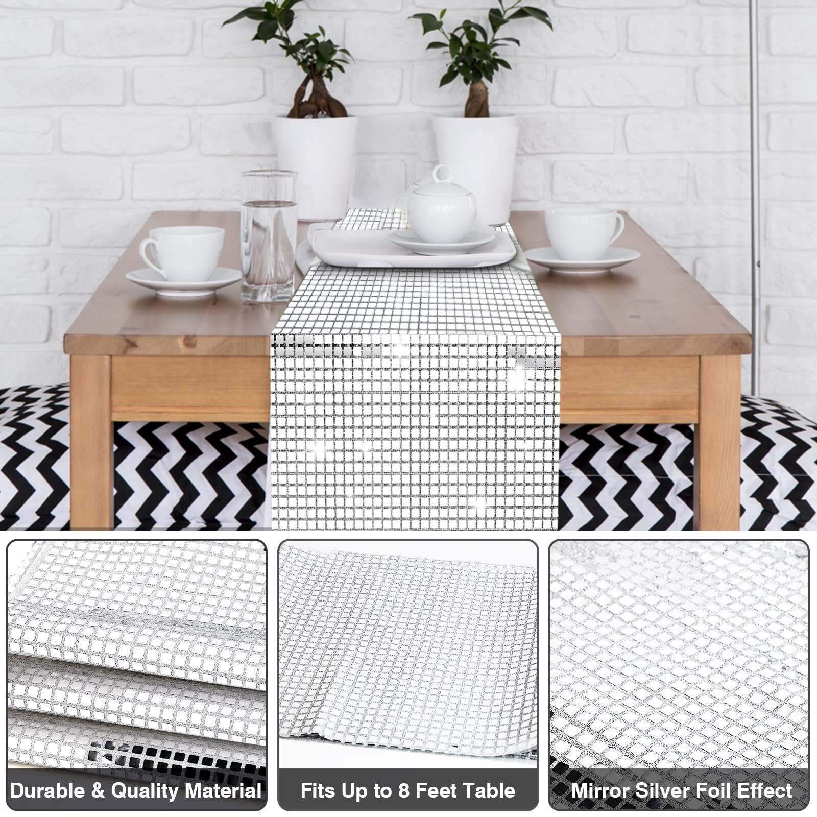 12 x 108 Inches Disco Party Table Runner Mirror Silver Table Cover 70s Disco ...