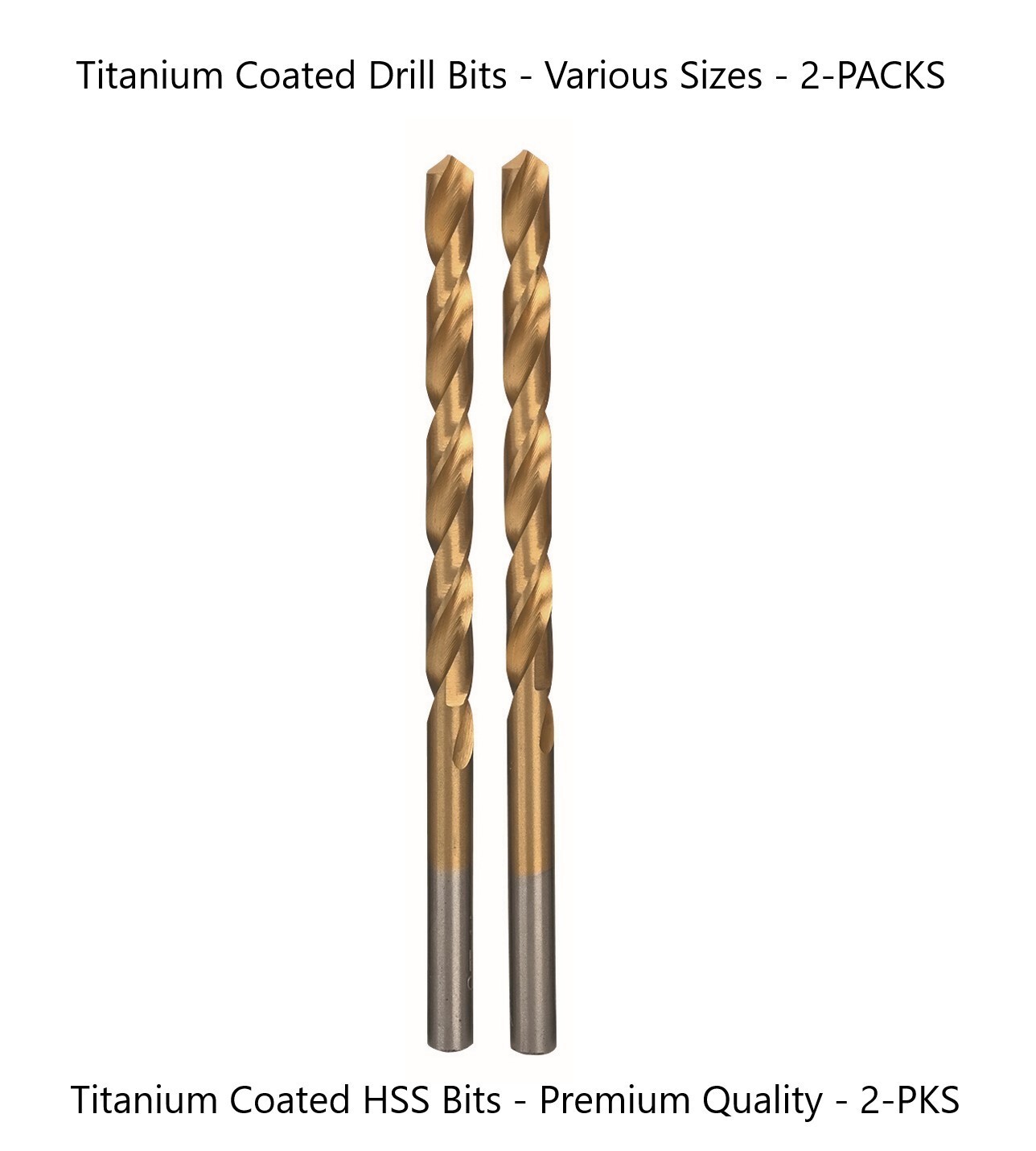 2-PK Titanium Coated HSS Drill Bits, Various Sizes, Free Shipping!
