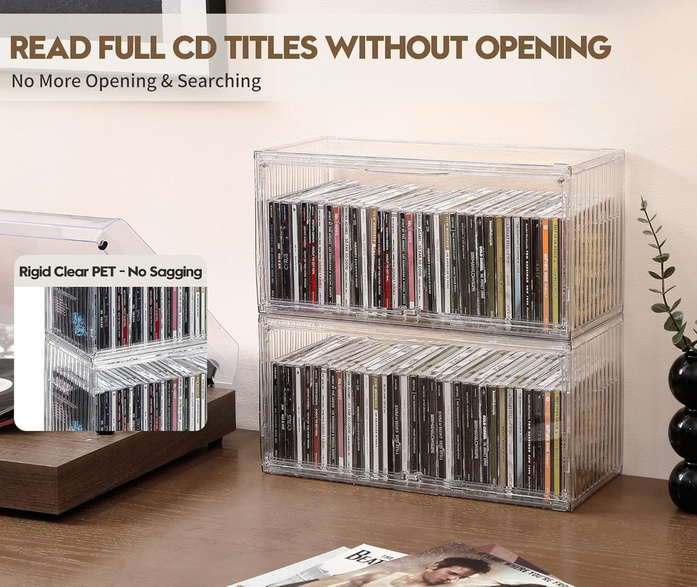 2-Pack Clear CD Storage Box, Stackable CD Case Holder with Full-View Design, Har