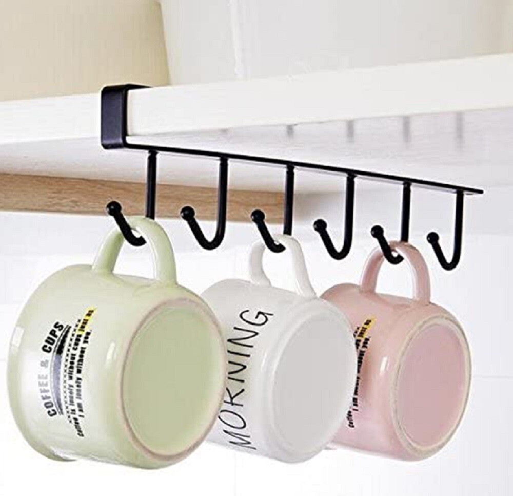 2-Pack Under-Shelf Mug Holder Rack - Kitchen Cabinet Coffee Cup Storage Hooks