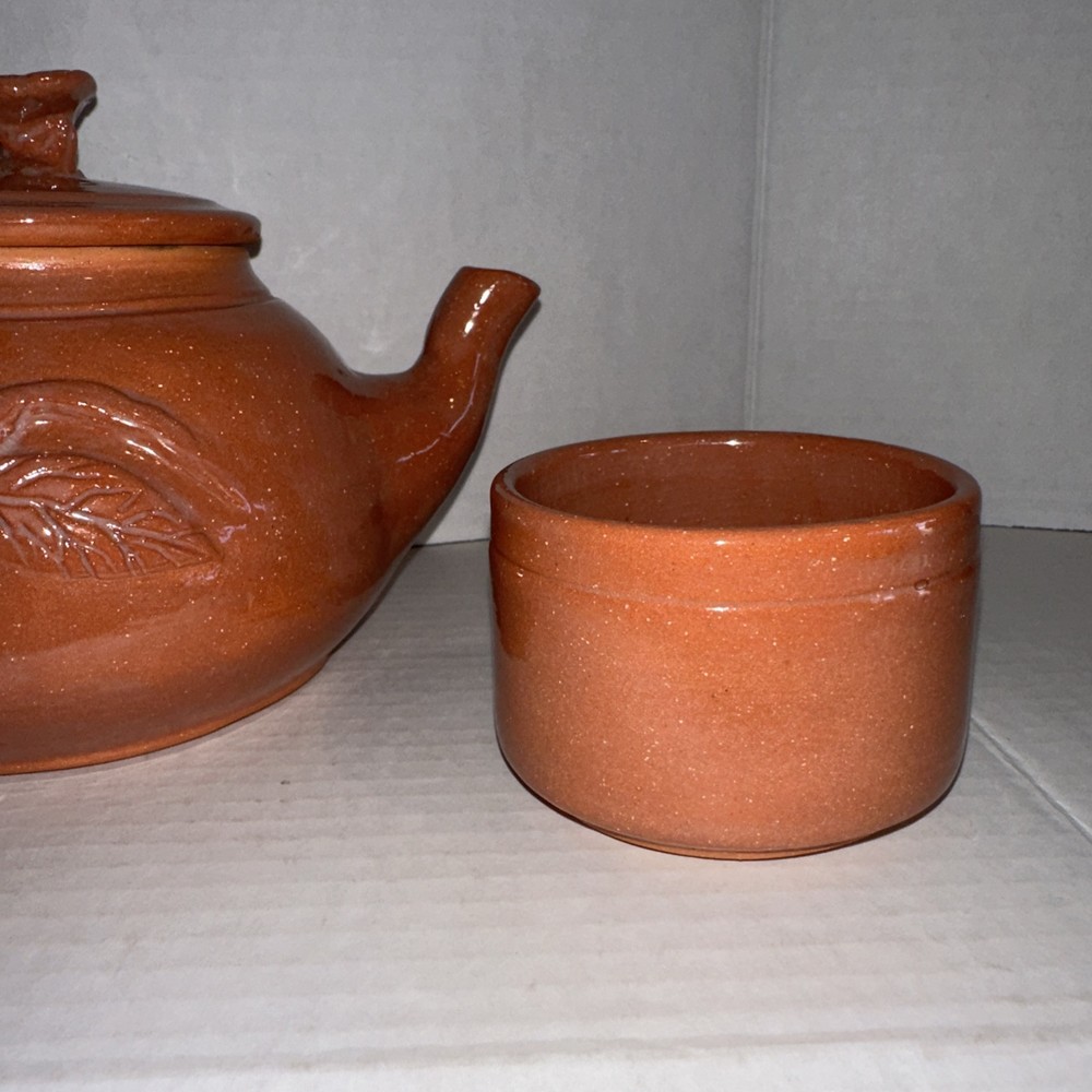 TERRA COTTA Clay TEAPOT + 2 TEA CUPS SET Pre-used