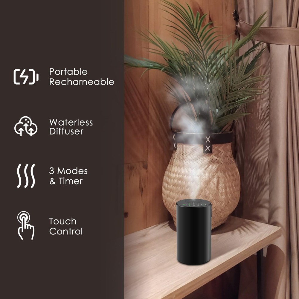 KONCHILE Waterless Essential Oil Diffuser, Battery Powered Mini Scent Black