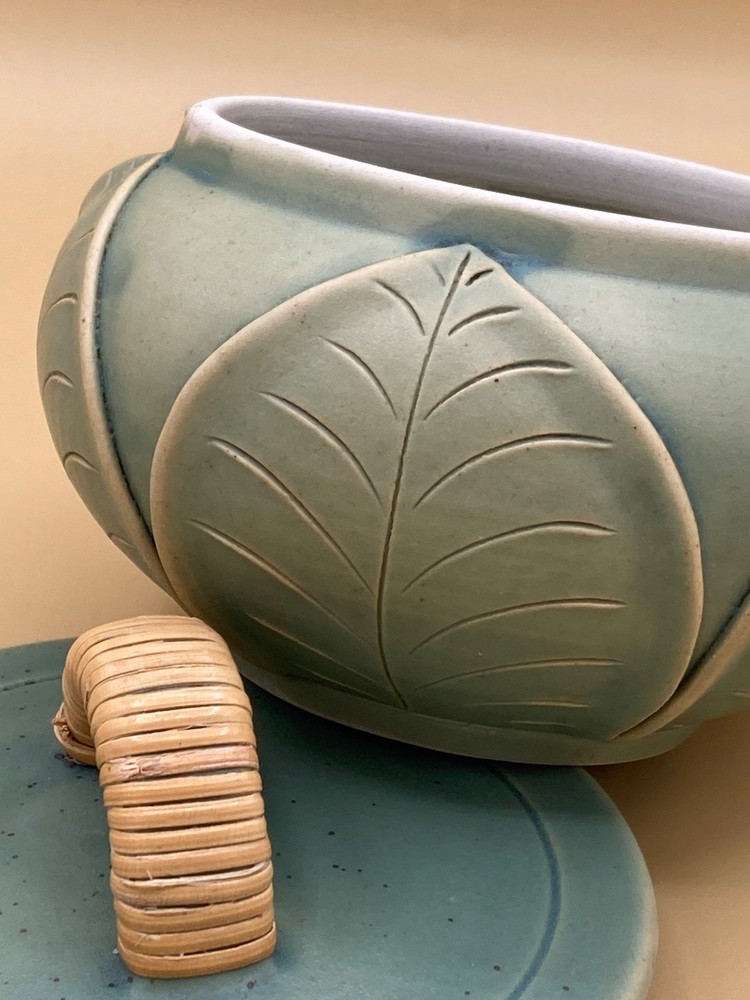 Lidded Ceramic Jar w/Rattan Crafted Handle Leaf Pattern