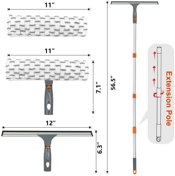 Complete Window Cleaning Kit: 12" Squeegee, 11" Microfiber Pad & Extendable Pole