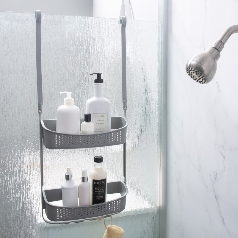 Convertible Shower Caddy Two Tier Shelves Storage Hooks Rust Resistant Design US