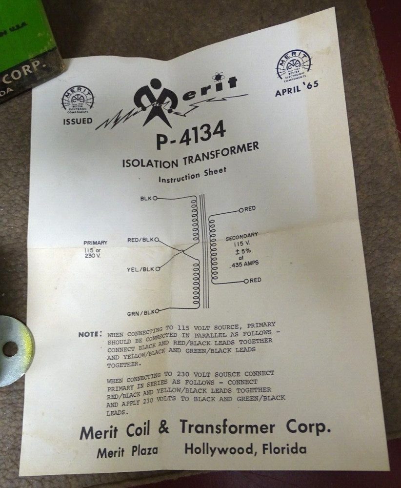 Merit Type P-4134 Isolation Transformer, NOS