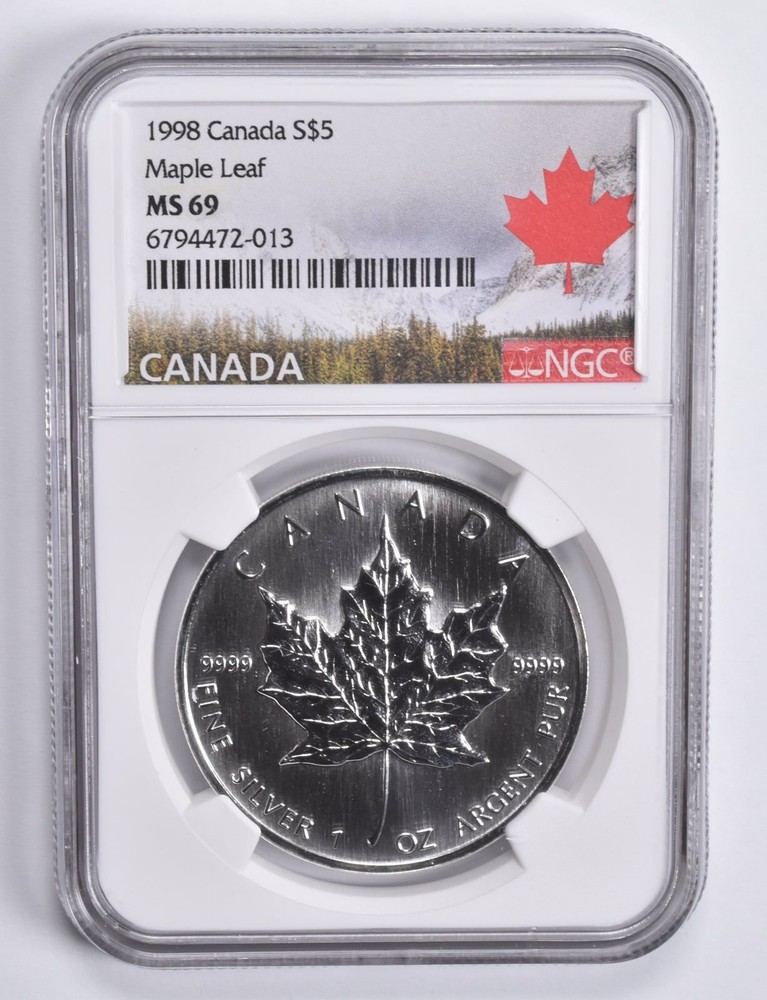 1998 Canada Silver 5 Dollars Maple Leaf MS69 NGC Canada Lbl