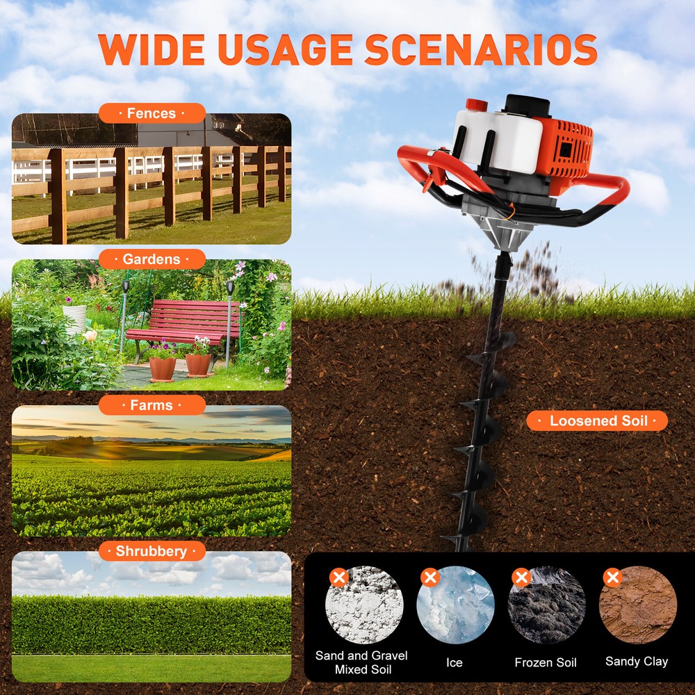 2-Stroke 52CC Earth Auger Digging Machine Gas Powered Post Hole Digger Durable