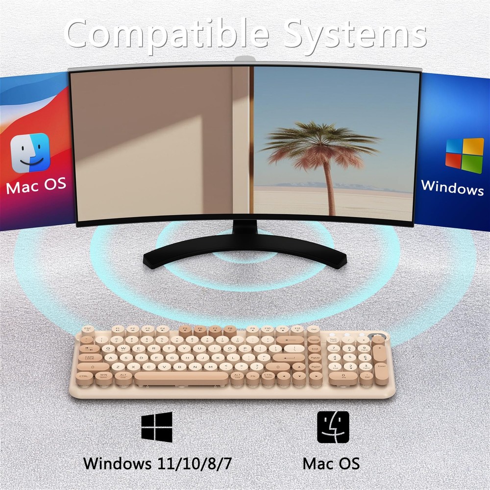 Links9+ Wireless Bluetooth Keyboard, Round Typewriter Keyboarf, Dual Mode Blu...