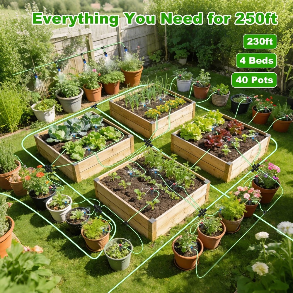 250FT Drip Irrigation System Kit New Quick-Connect, Automatic Garden Watering...
