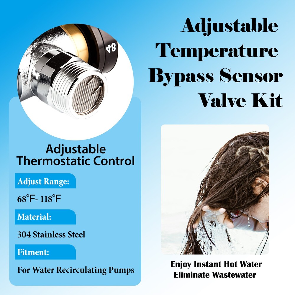 Adjustable Temperature Bypass Sensor Valve Kit for Instant Hot Water Recirculati
