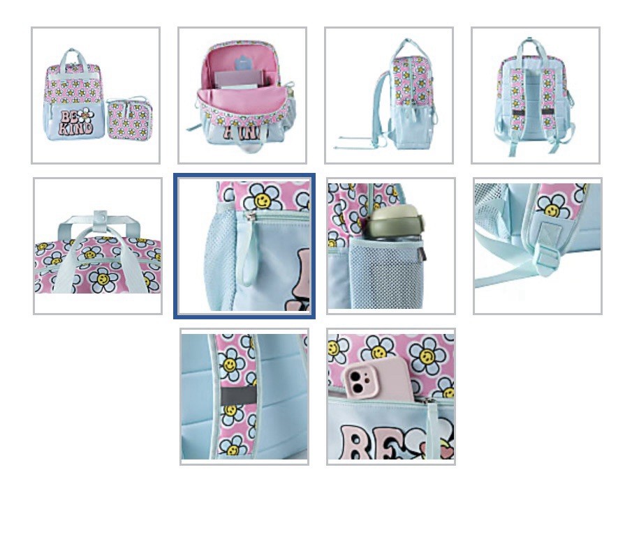 Be Kind 2 Piece Set Smiling Daisies Turquoise Backpack w/ Lunchpack NWT