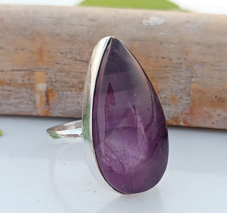 Solid 925 Sterling Silver Natural Amethyst Pear Gemstone Statement Handmade Ring