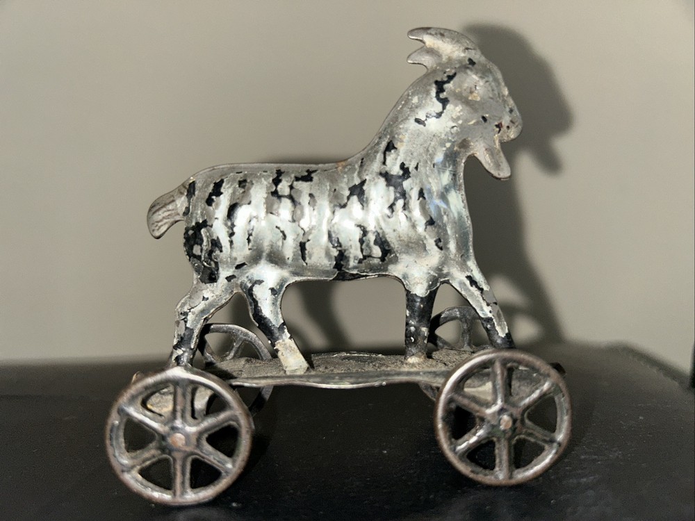 Extremely RARE 1884 Tin Goat Pull Toy on Platform Cart