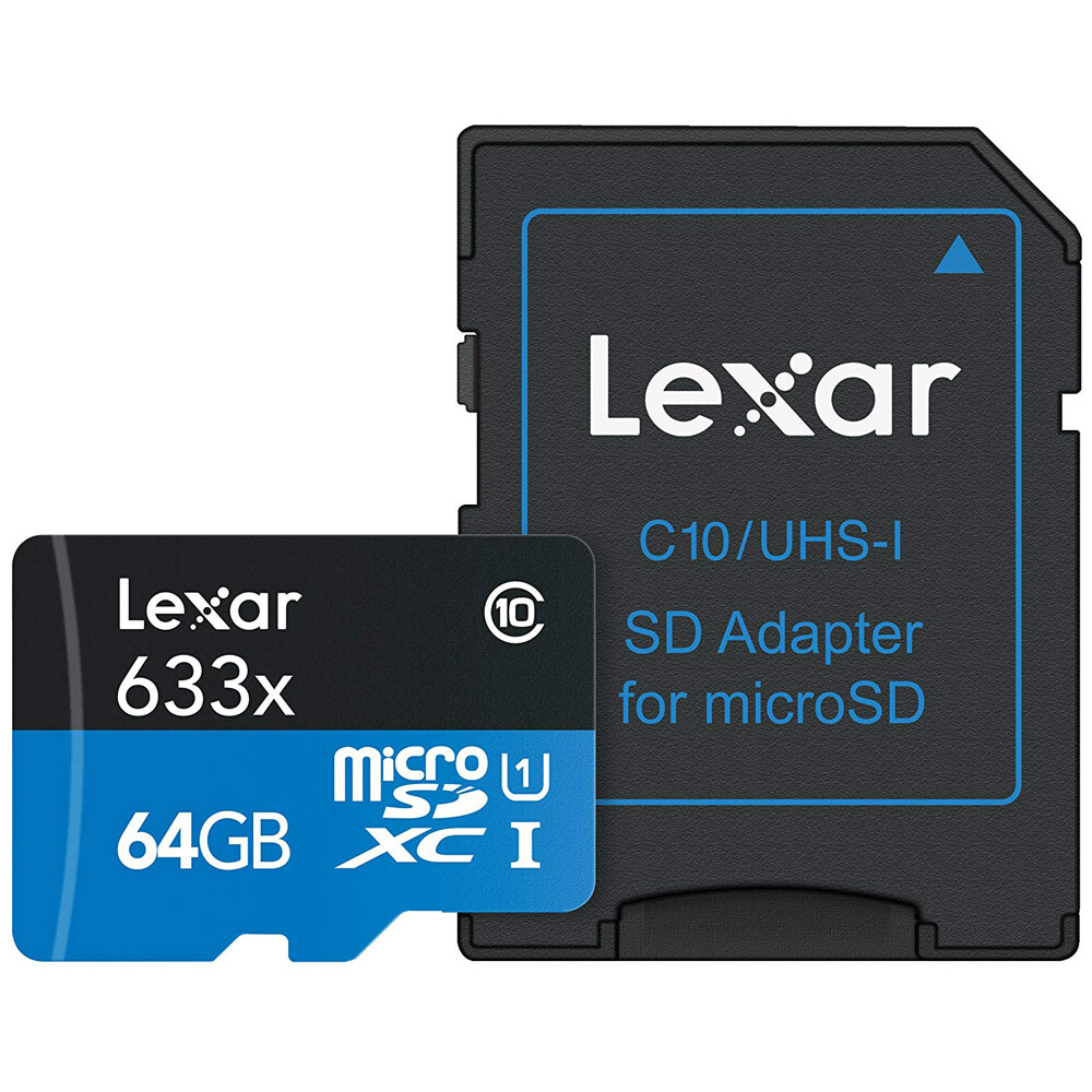 Lexar High-Performance 633x 64GB MicroSDHC UHS-I Memory Card + SD Adapter Bundle