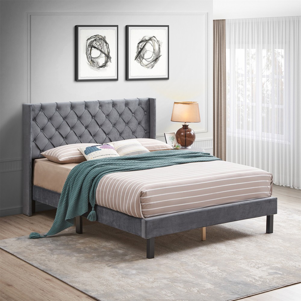Queen Size Bed Frame Upholstered Platform Bed w/ Upholstered Headboard US